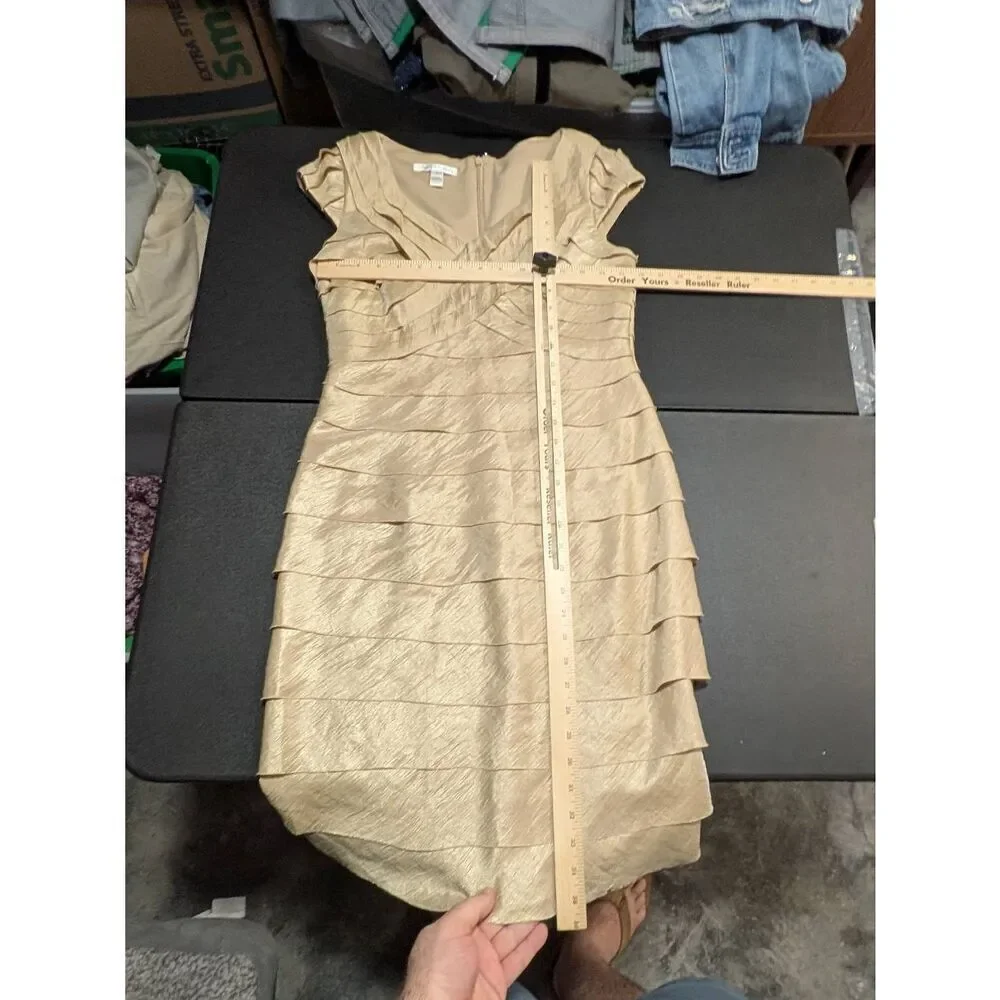 London Times Cocktail Dress Tan Gold Layered Ruffle V Neck Sheath Women's Size 4